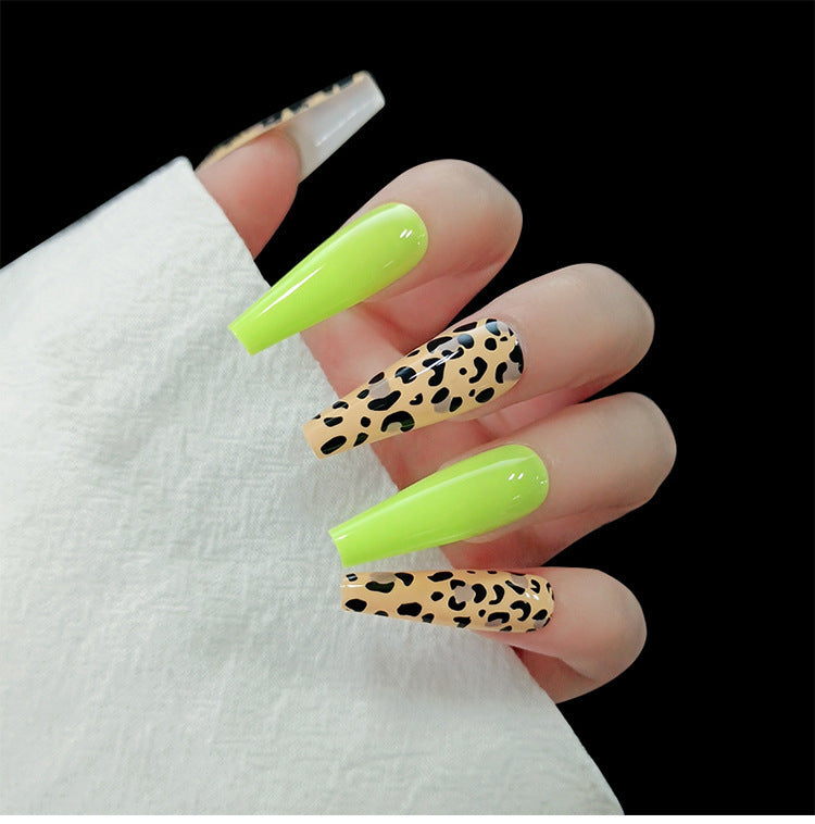 Fluorescent Yellow Leopard Print Finished Nail Beauty