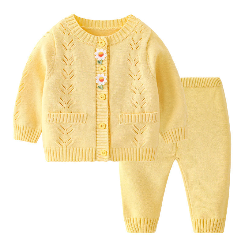 Children's Casual Knitted Cotton Yarn Cardigan Top Pants Suit