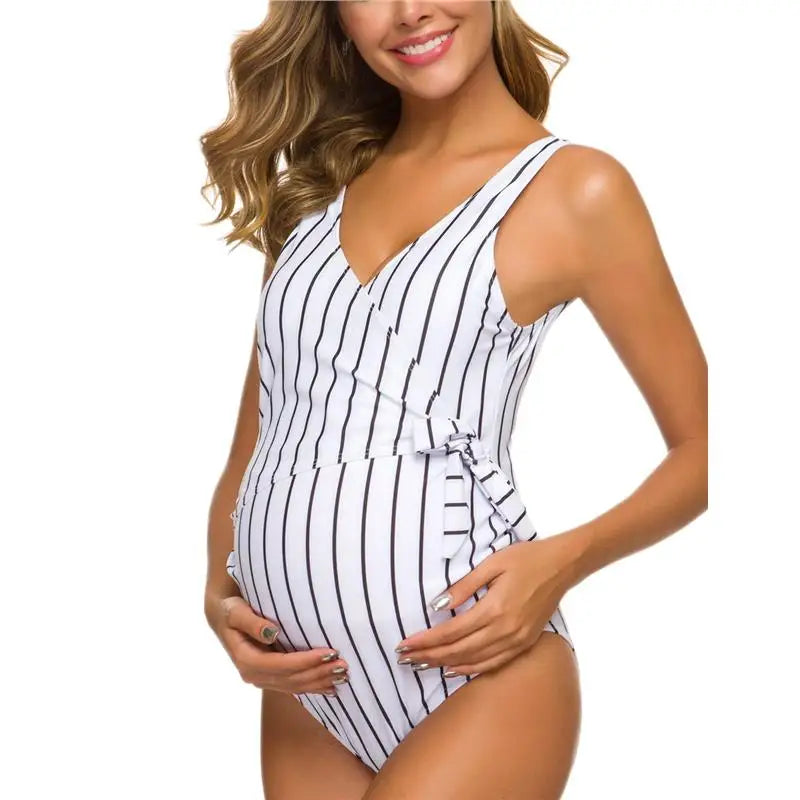 Maternity One Piece Swimsuit with V Neck and Tie Front Bowknot for Summer Bliss Maternity Swimsuit One Piece Babbazon WHITE S -BABBAZON