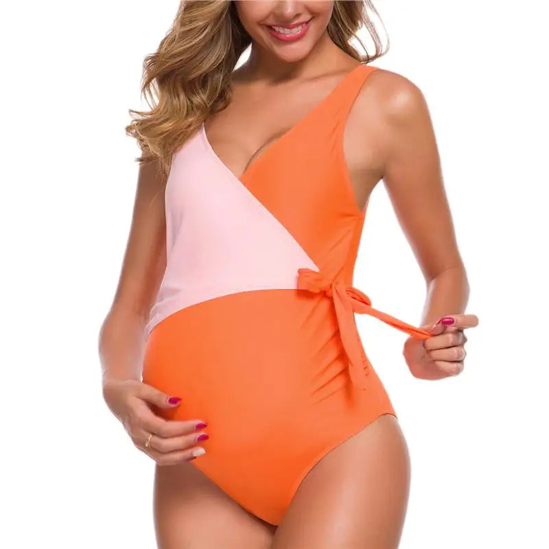 Maternity One Piece Swimsuit with V Neck and Tie Front Bowknot for Summer Bliss Maternity Swimsuit One Piece Babbazon Orange S -BABBAZON