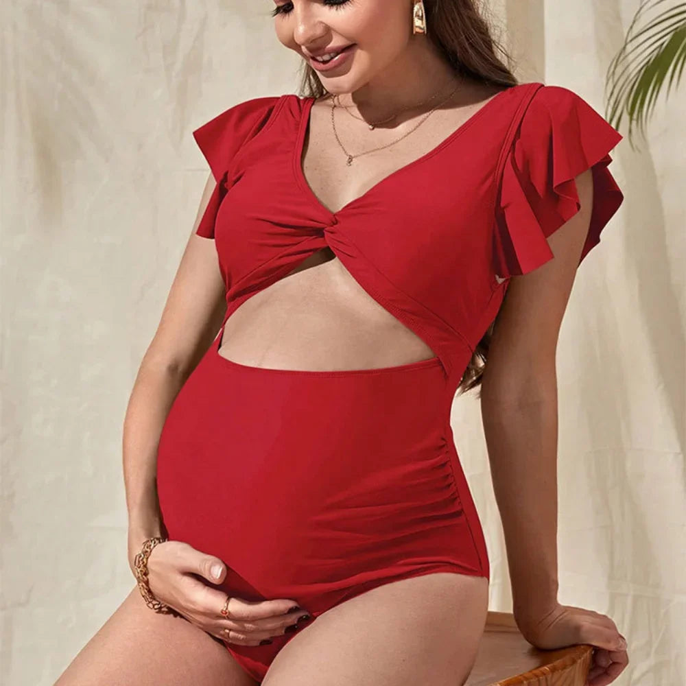 Solid Color Maternity Bikinis with Tie Front and High Cut for Summer Glam 