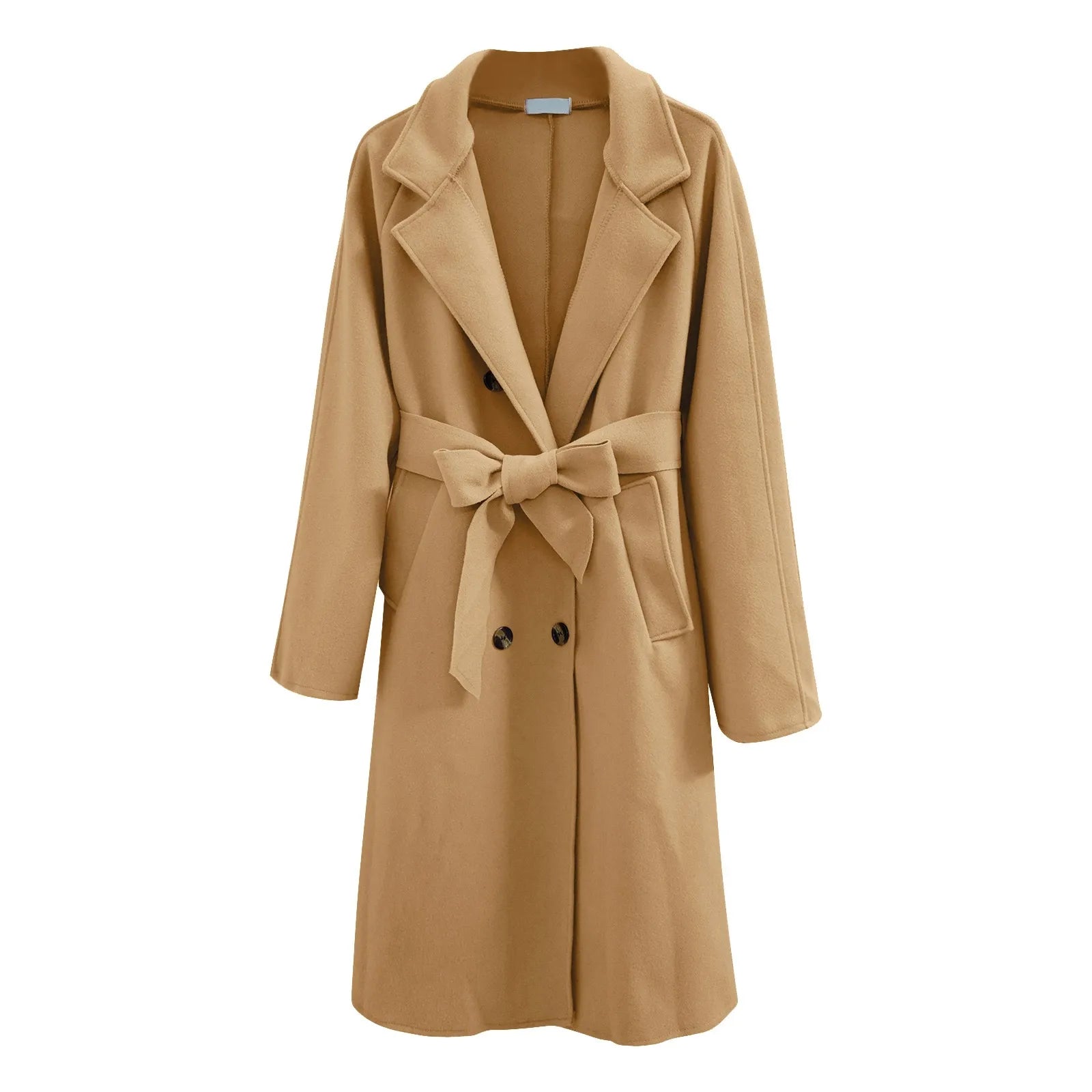 Women's Woolen Coats with Turn Down Collar and Belt 