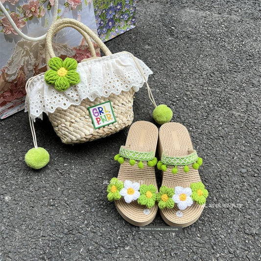 Summer 2024 Boho Platform Wedge Sandals with Flower Fur Ball 