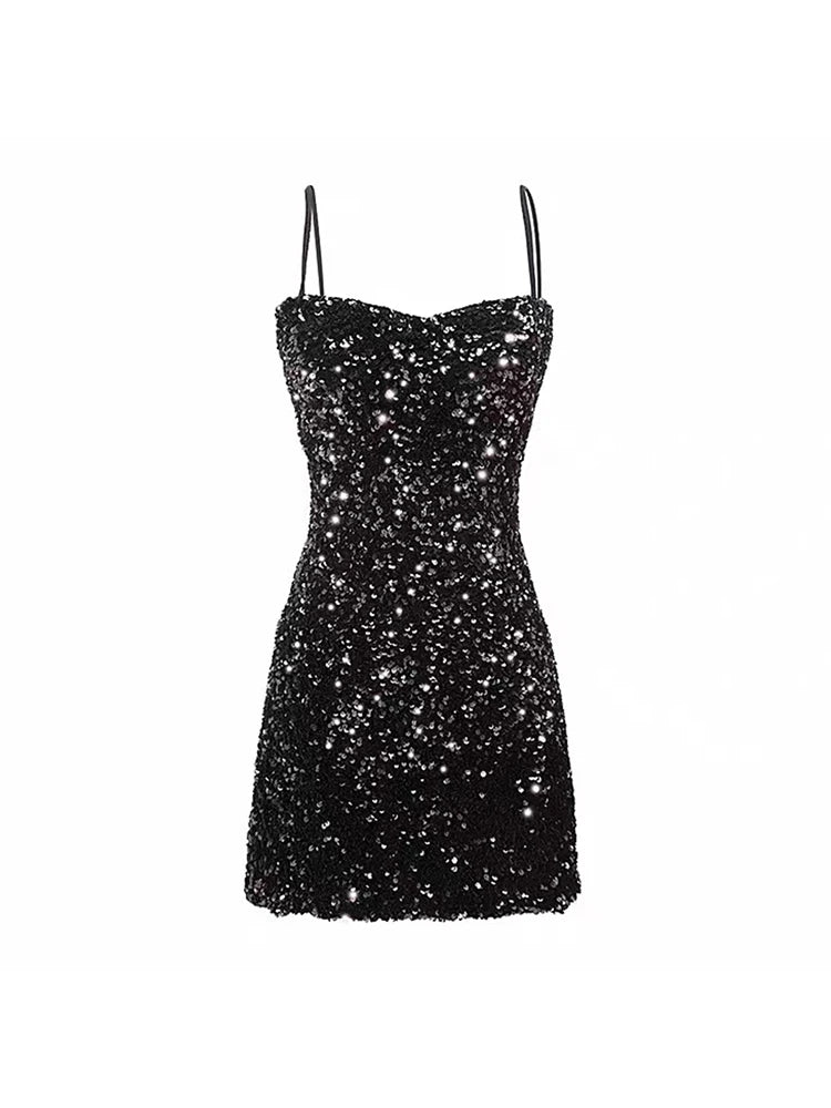 2023 New Design Aesthetic Sexy Halter Sequins Black Dress Evening Woman Party Romantic Loose Sleeveless Stylish Mini Skirt Solid 