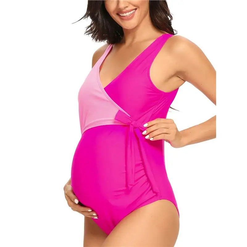 Maternity One Piece Swimsuit with V Neck and Tie Front Bowknot for Summer Bliss Maternity Swimsuit One Piece Babbazon Red S -BABBAZON