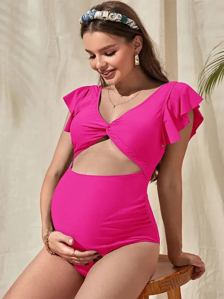 Solid Color Maternity Bikinis with Tie Front and High Cut for Summer Glam  Babbazon pink S -BABBAZON