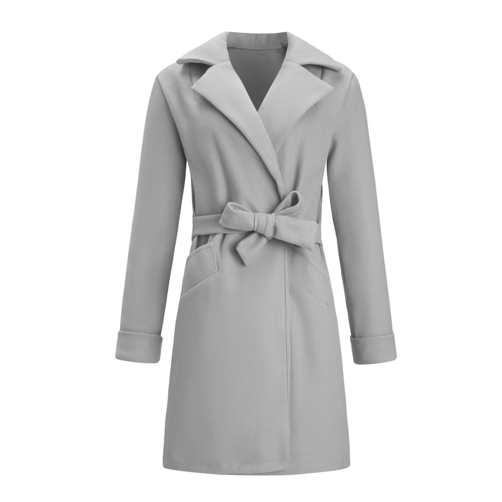 Women's Woolen Coats with Turn Down Collar and Belt 