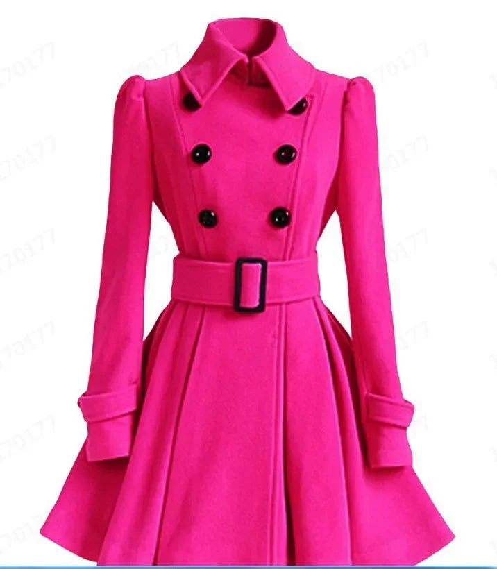 Women's Elegant Double-Breasted Midi Overcoat Thick Midi Length Double-Breasted Overcoat Babbazon Rose Red S -BABBAZON