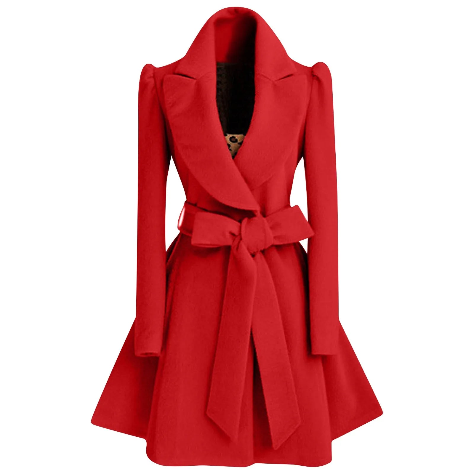 Women's Woolen Coats with Turn Down Collar and Belt 