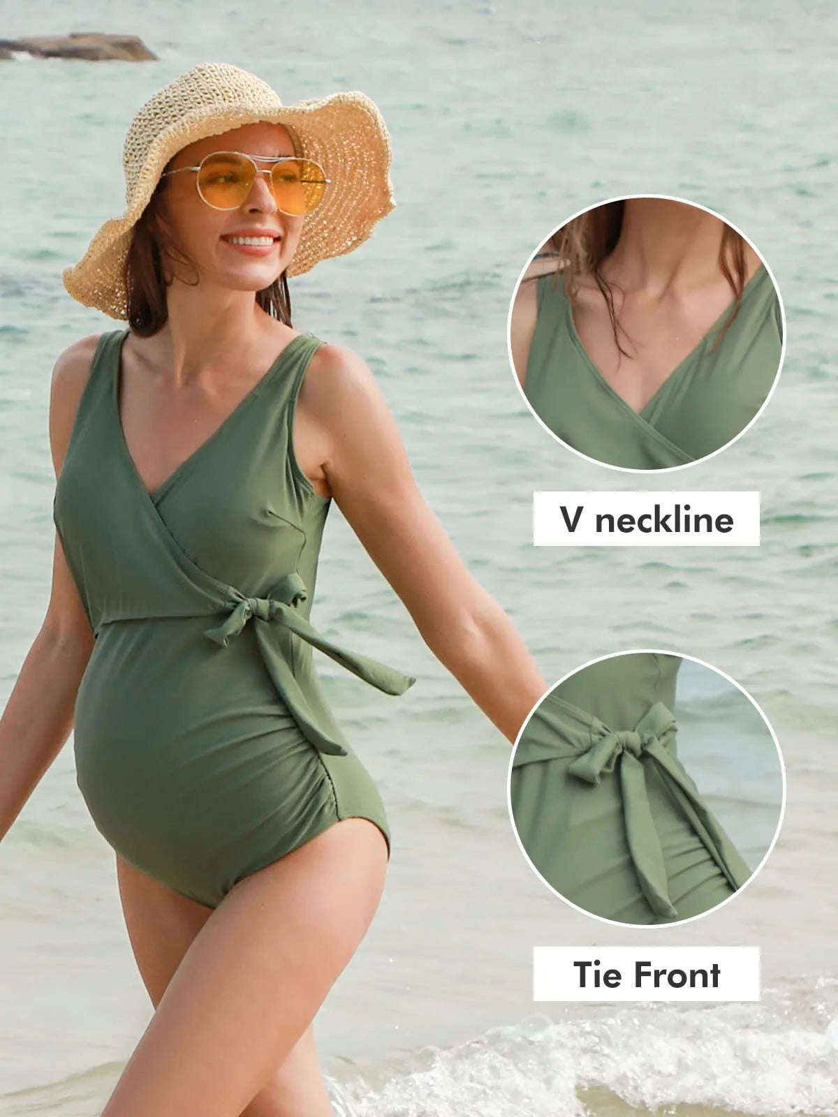 Maternity One Piece Swimsuit with V Neck and Tie Front Bowknot for Summer Bliss 