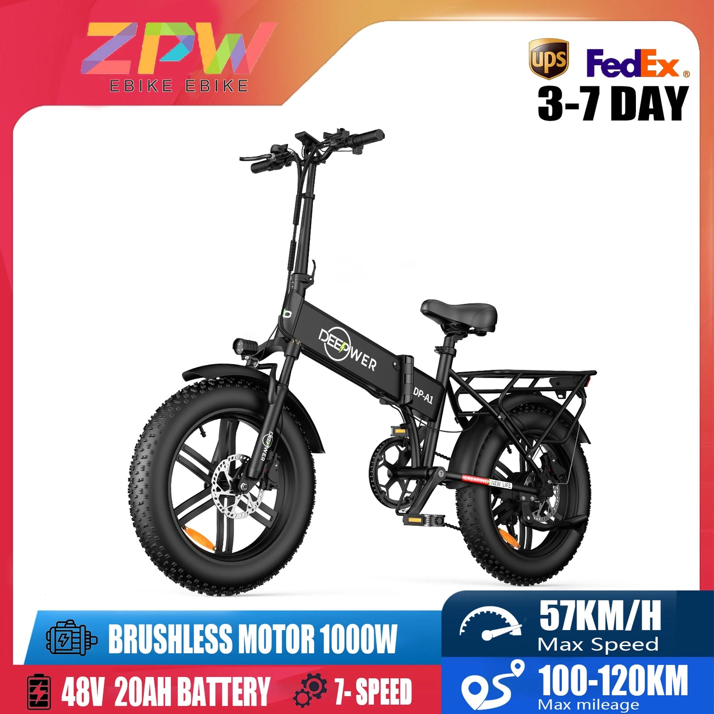 ZPW A1 20-Inch Off-road Ebike - 1000W, 48V 20AH