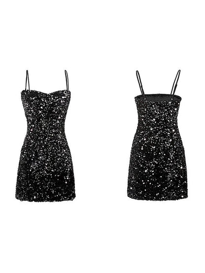 2023 New Design Aesthetic Sexy Halter Sequins Black Dress Evening Woman Party Romantic Loose Sleeveless Stylish Mini Skirt Solid 