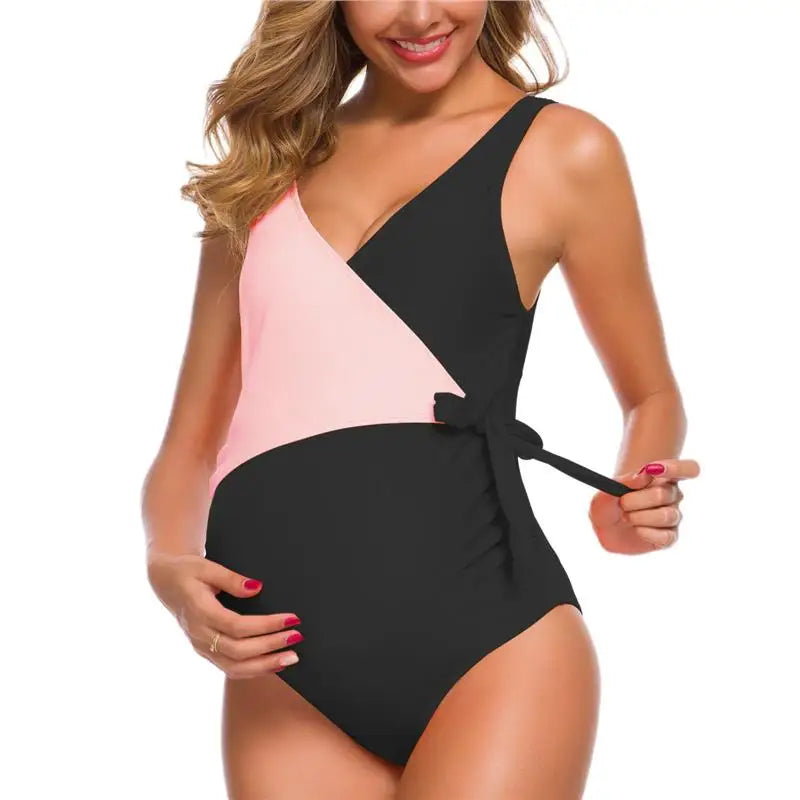 Maternity One Piece Swimsuit with V Neck and Tie Front Bowknot for Summer Bliss Maternity Swimsuit One Piece Babbazon 1610 S -BABBAZON