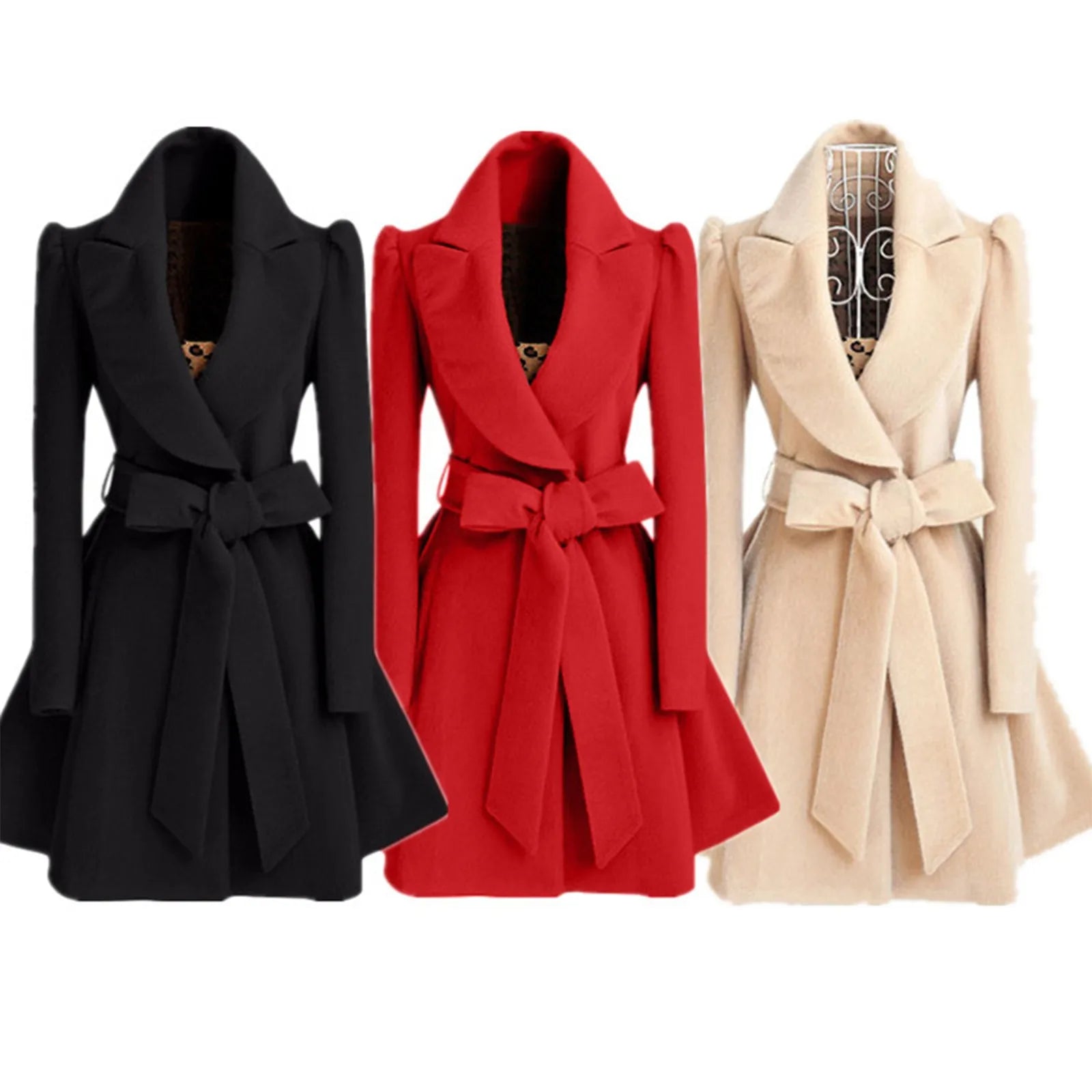 Women's Woolen Coats with Turn Down Collar and Belt 