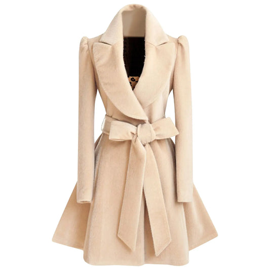 Women's Woolen Coats with Turn Down Collar and Belt 