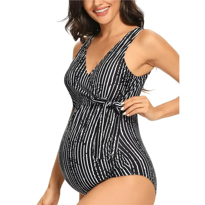 Maternity One Piece Swimsuit with V Neck and Tie Front Bowknot for Summer Bliss 