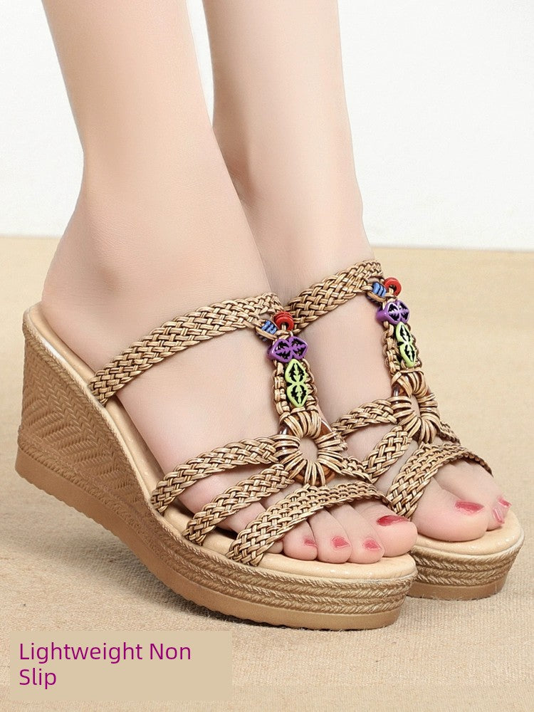 Summer 2024 Boho Woven Wedge Slippers 