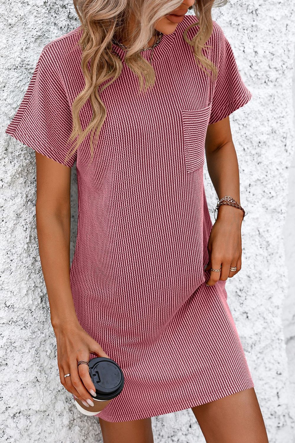 Ribbed Striped Short Sleeve Mini Tee Dress - Babbazon New Products