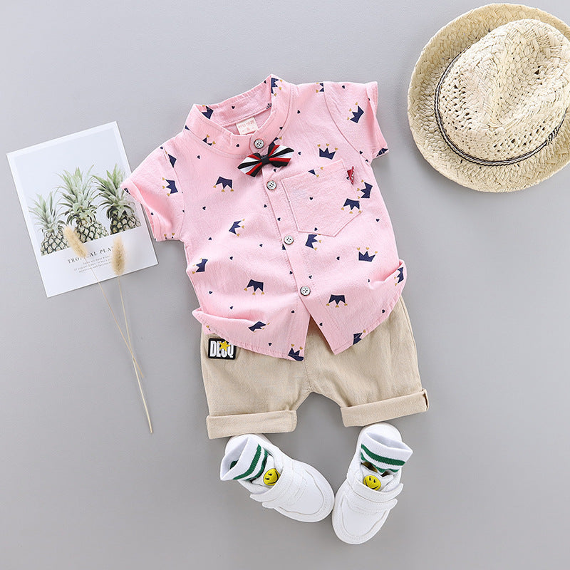 Boys New Cute Fashion Crown Lapel Shirt Set