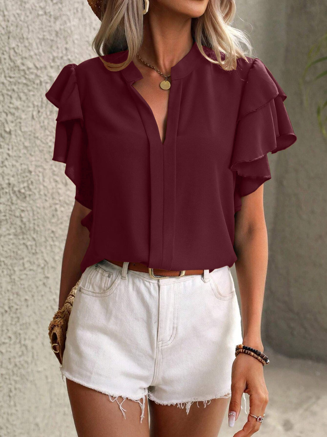 Ruffled Notched Short Sleeve Blouse - Babbazon Camisole