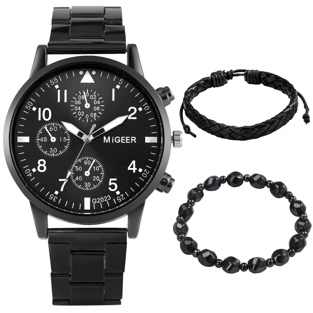 Men's Quartz Fake Three Eyes Watch Set Bracelet Gift Set