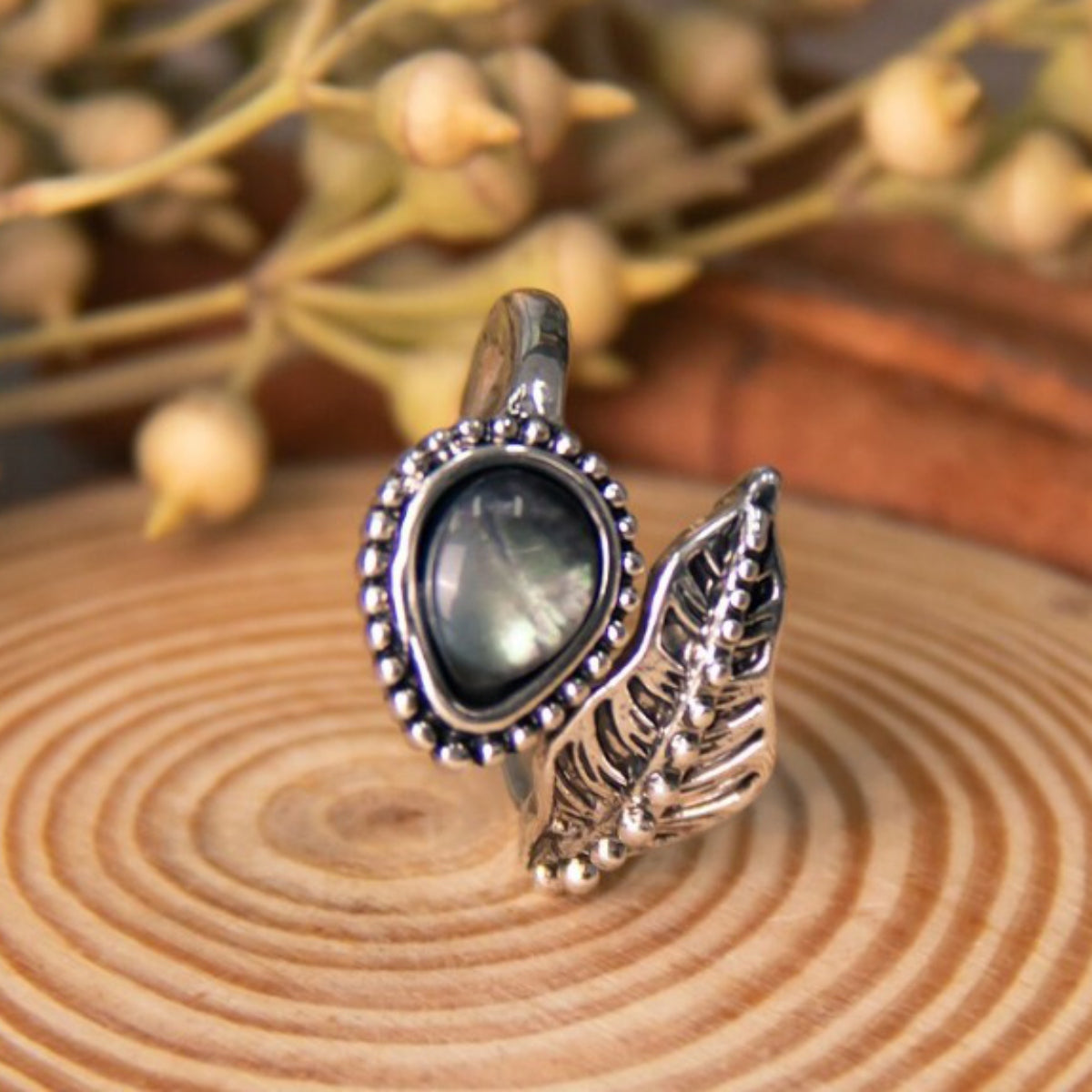 Alloy Moonstone Leaf Bypass Ring 