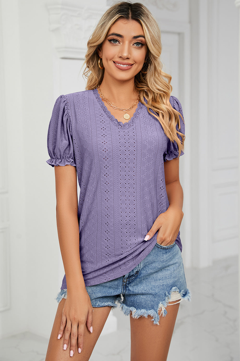 Eyelet V-Neck Short Sleeve Top