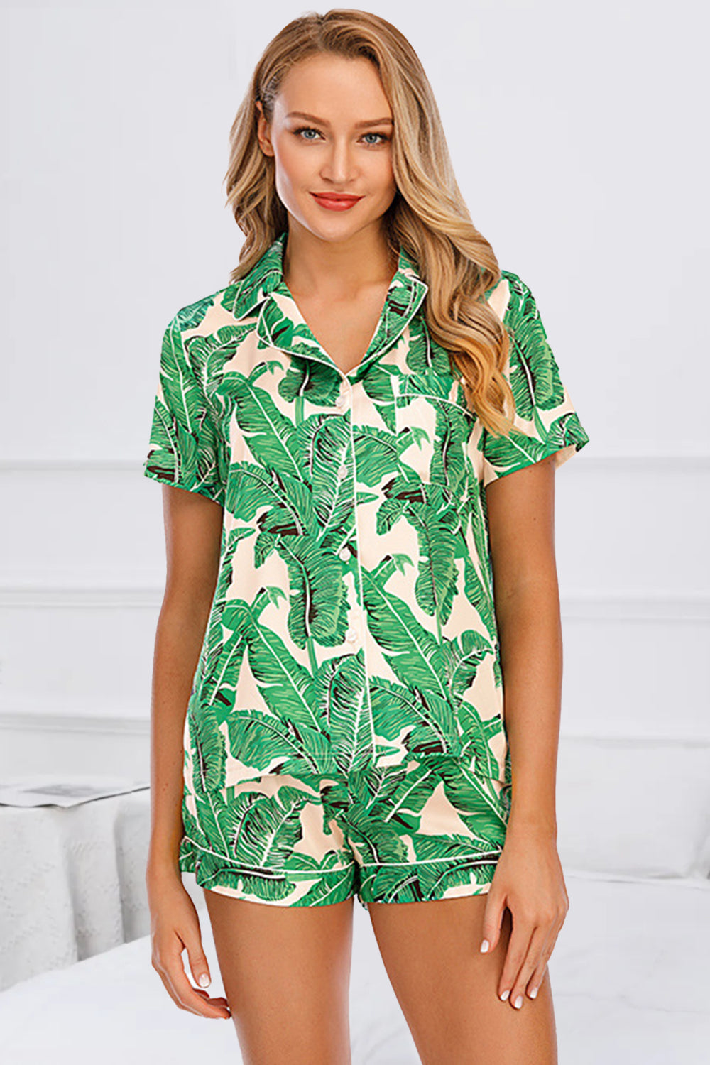 Printed Button Up Short Sleeve Top and Shorts Lounge Set - Babbazon New Products