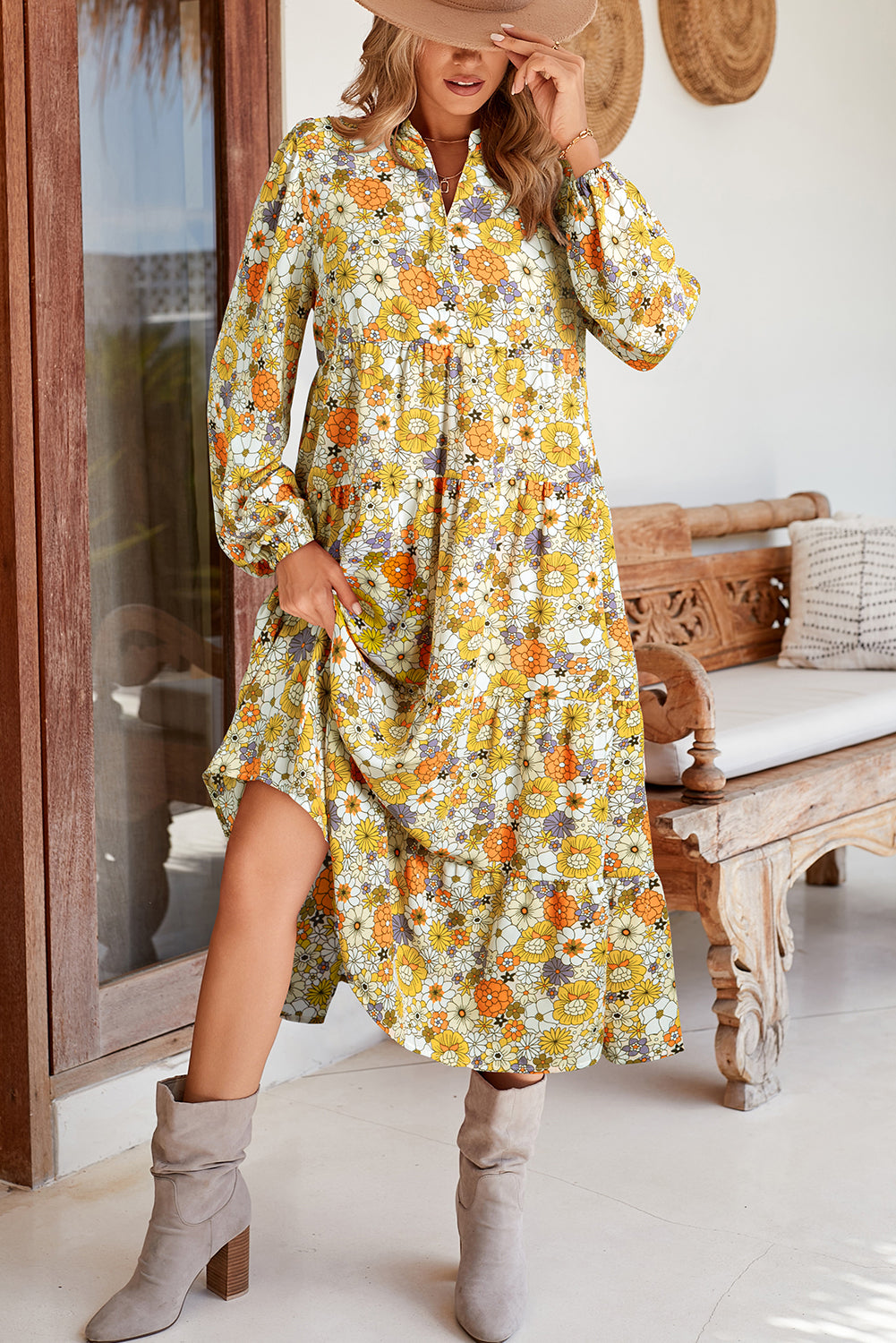 Yellow Boho Floral Collared Long Sleeve Dress - Babbazon Maxi Dresses