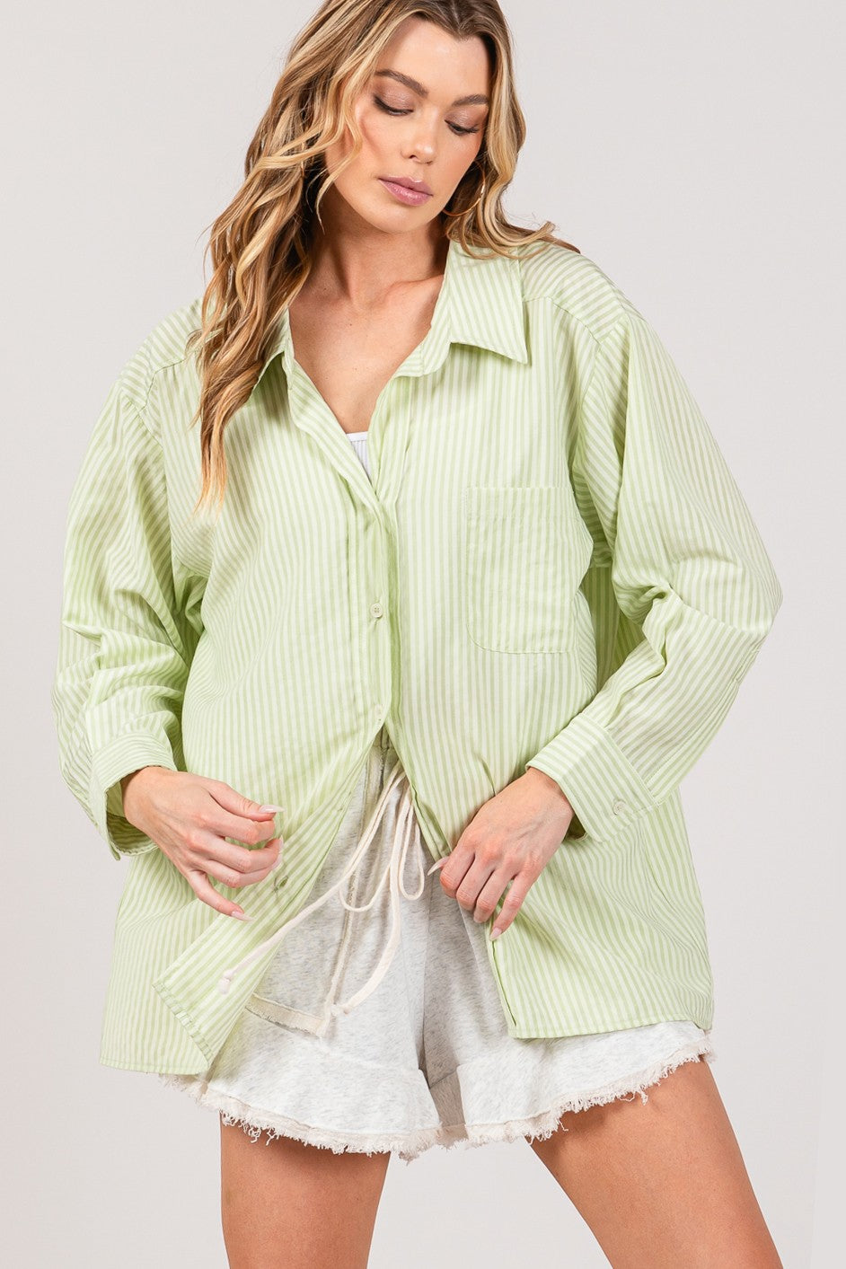 SAGE + FIG Striped Button Up Long Sleeve Shirt - Babbazon GREEN CLOTHING