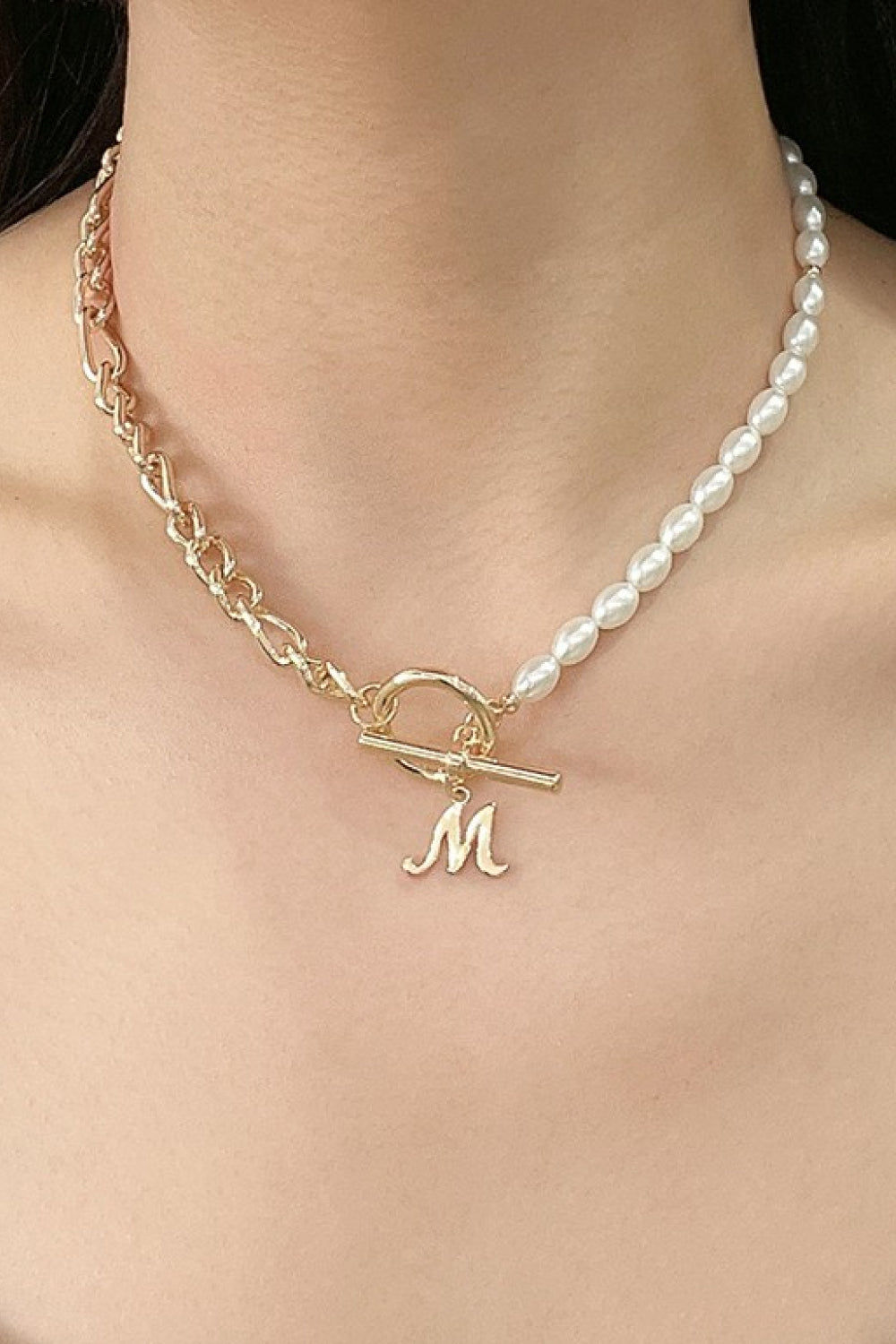 Alphabet M Pendant Half Pearl and Half Chain Necklace 