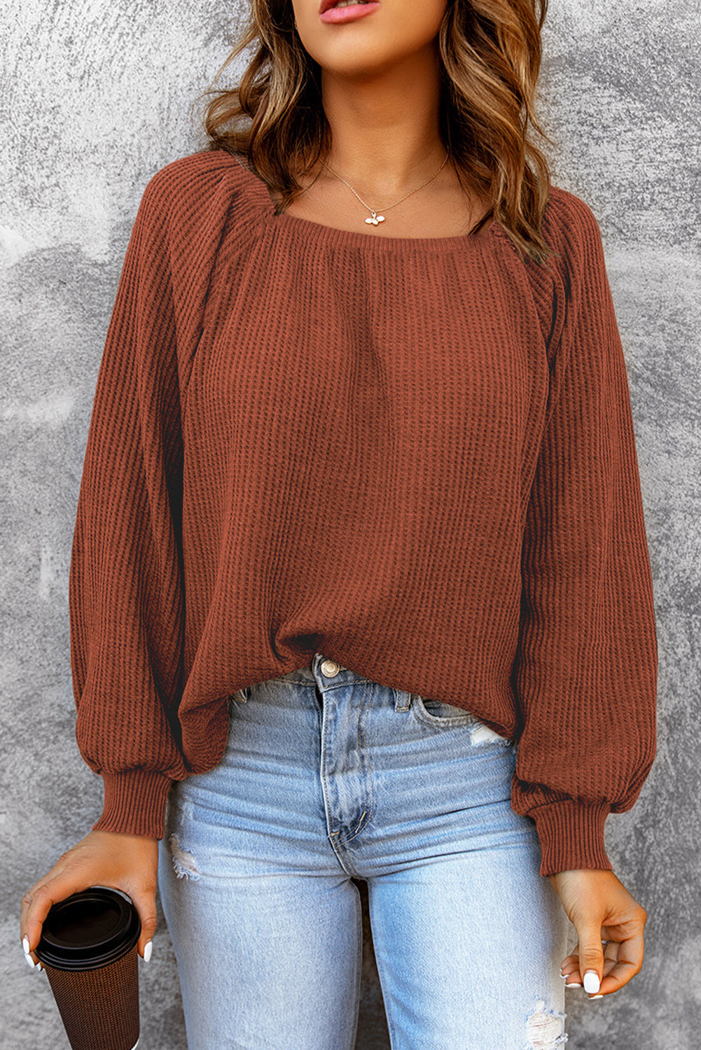 Square Neck Waffle-Knit Top - Babbazon Tops