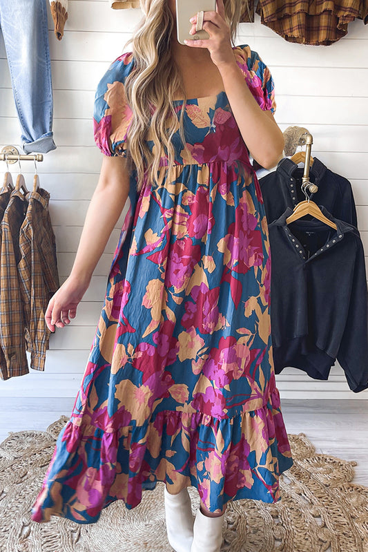 Dark Blue Square Neck Bubble Sleeve Ruffle Hem Floral Dress - Babbazon Maxi Dresses