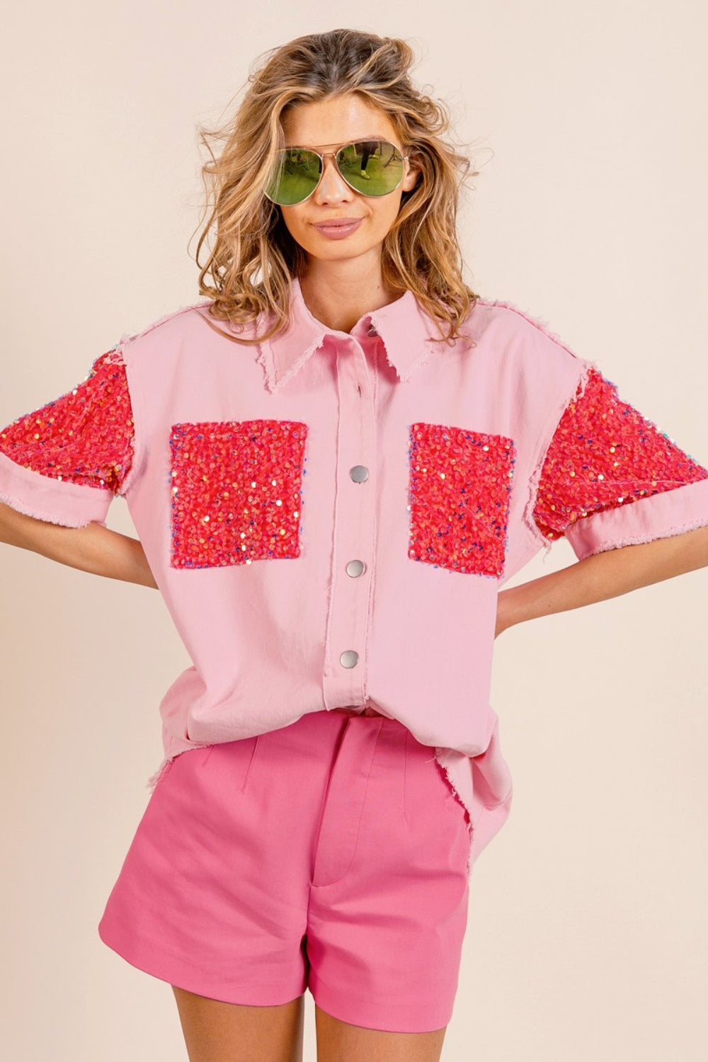 BiBi Sequin Detail Raw Hem Short Sleeve Shirt 