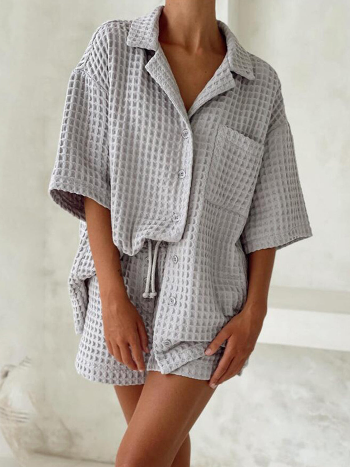 Waffle-Knit Dropped Shoulder Top and Shorts Set 