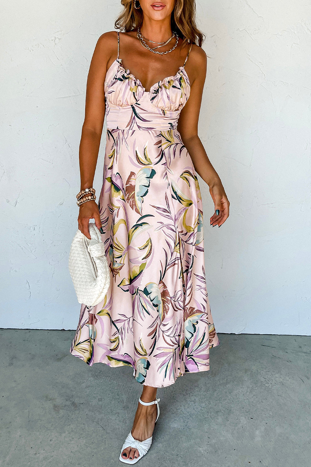 Apricot Tropical Print Spaghetti Straps Cupped Dress - Babbazon Maxi Dresses