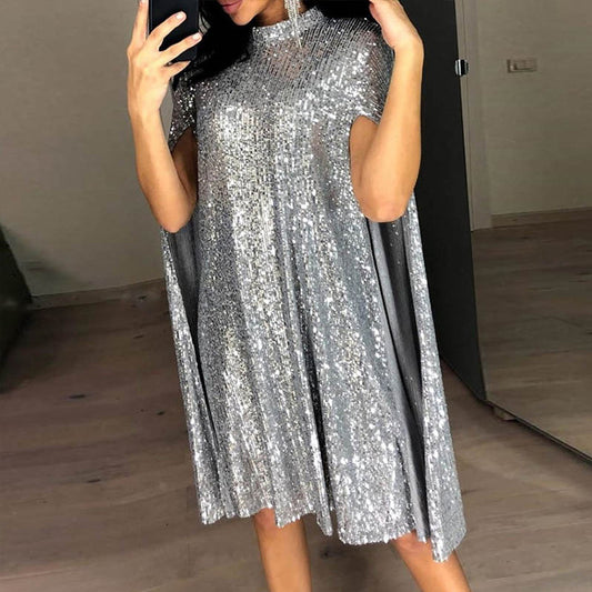 Small Stand Collar Sequin Solid Color Loose Dress