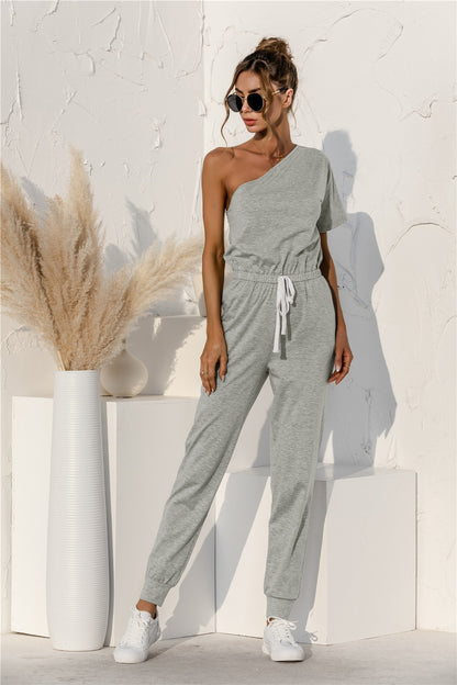 Single Shoulder Short Sleeve Jumpsuit 