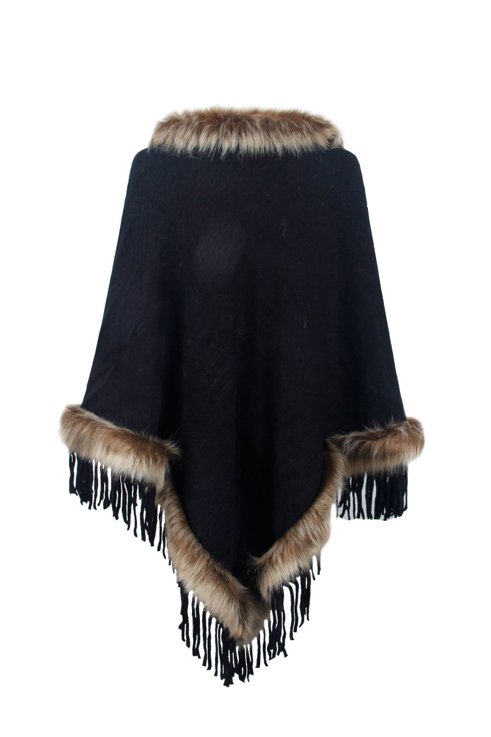 Faux Fur Trim Fringed Poncho 