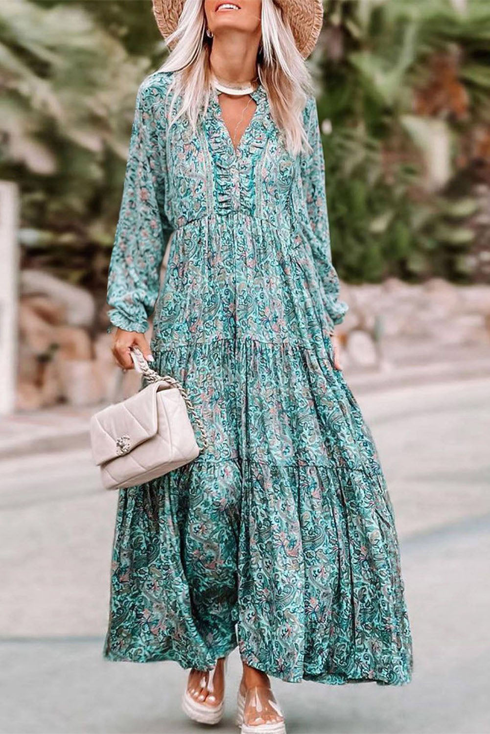 Sky Blue Bohemian Paisley Print Long Sleeve Tiered Maxi Dress - Babbazon Maxi Dresses