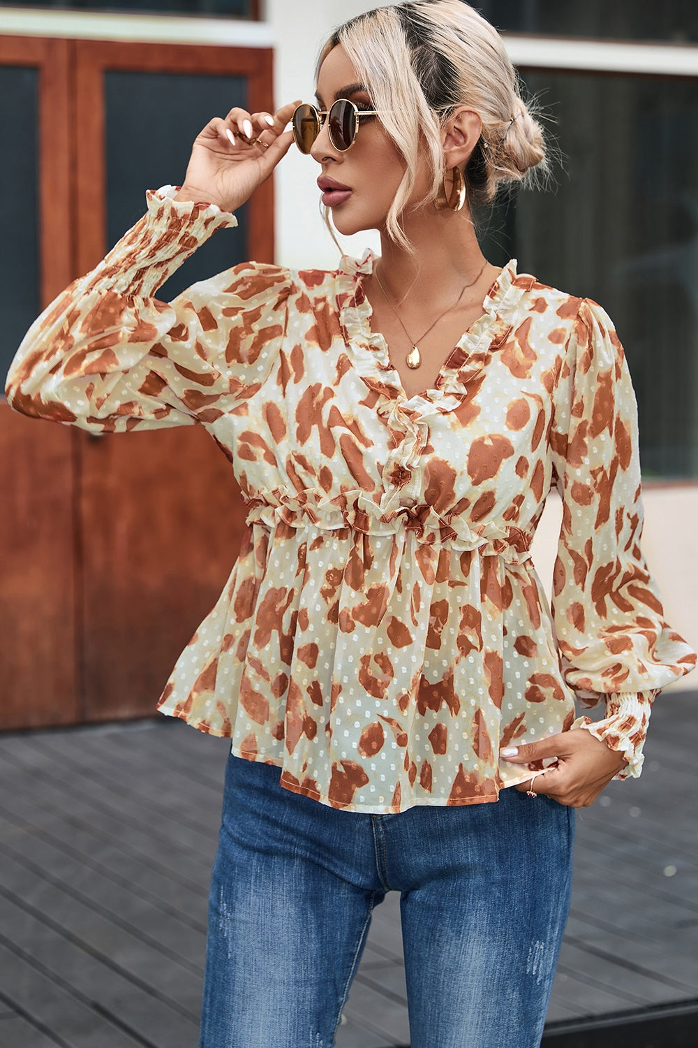 Frill Printed V-Neck Lantern Sleeve Blouse - Babbazon New Products