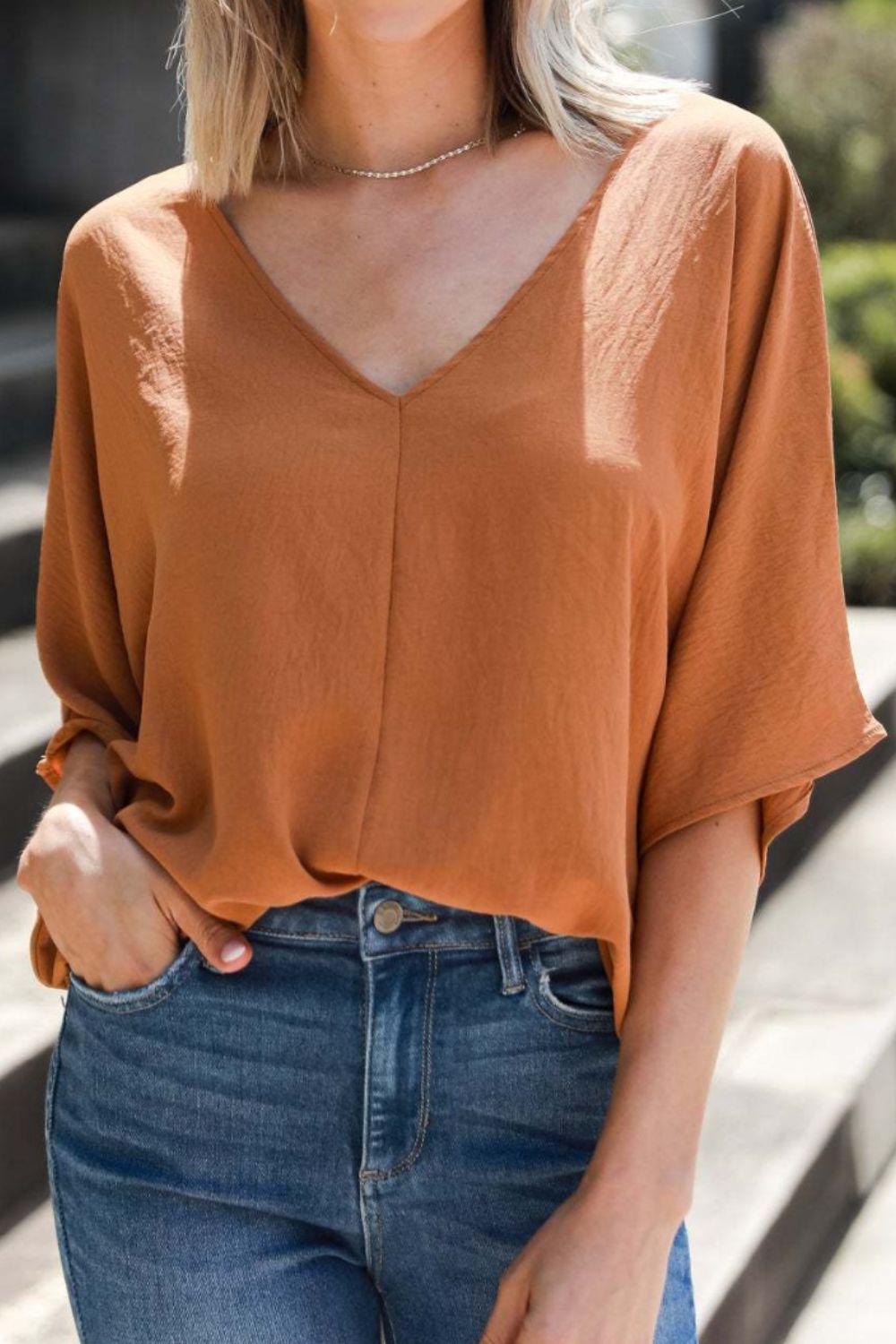 V-Neck Half Sleeve Blouse - Babbazon new