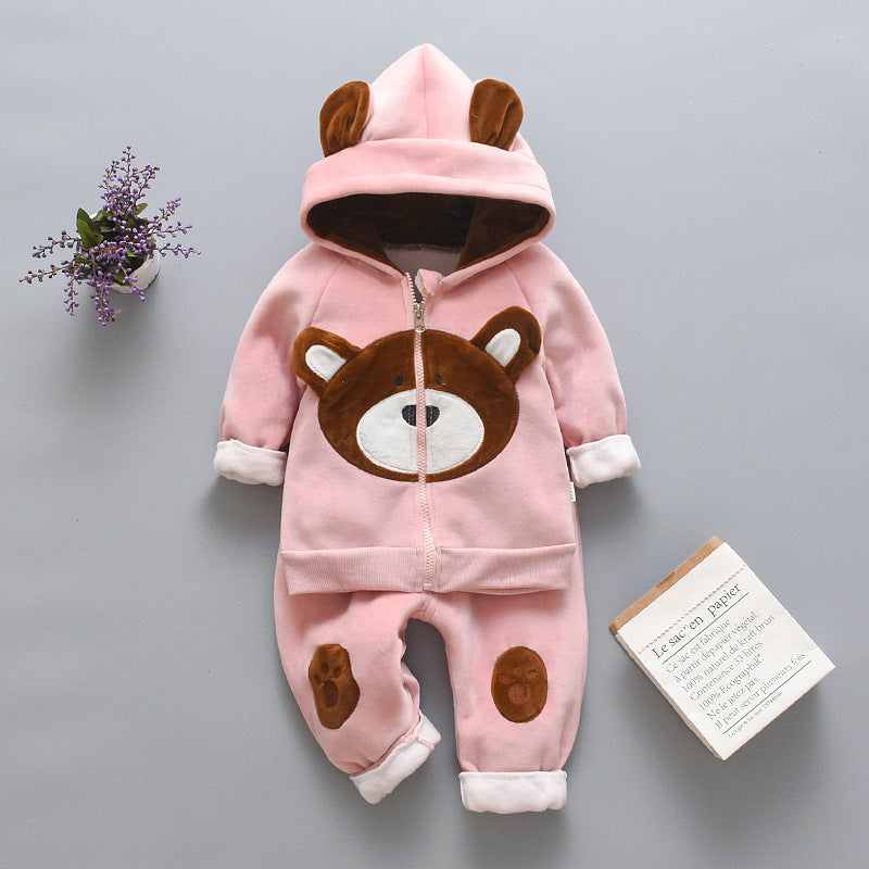 Children's Bear Hooded Two-piece Gold Velvet Set