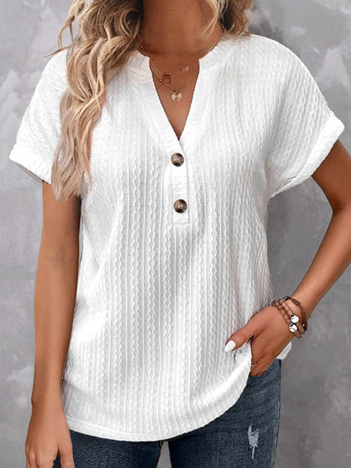 Textured Notched Short Sleeve Blouse - Babbazon New Products