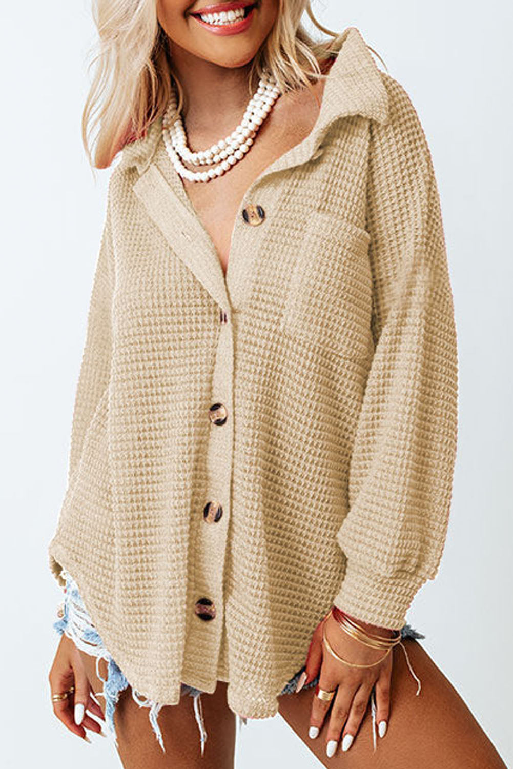 Waffle-Knit Button Up Long Sleeve Shirt with Pocket - Babbazon Tops