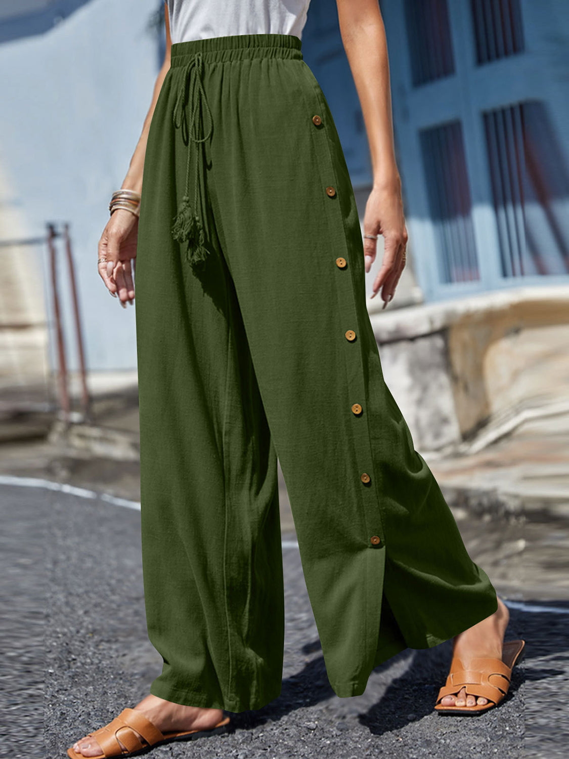 Full Size Tassel Wide Leg Pants - Babbazon GREEN CLOTHING