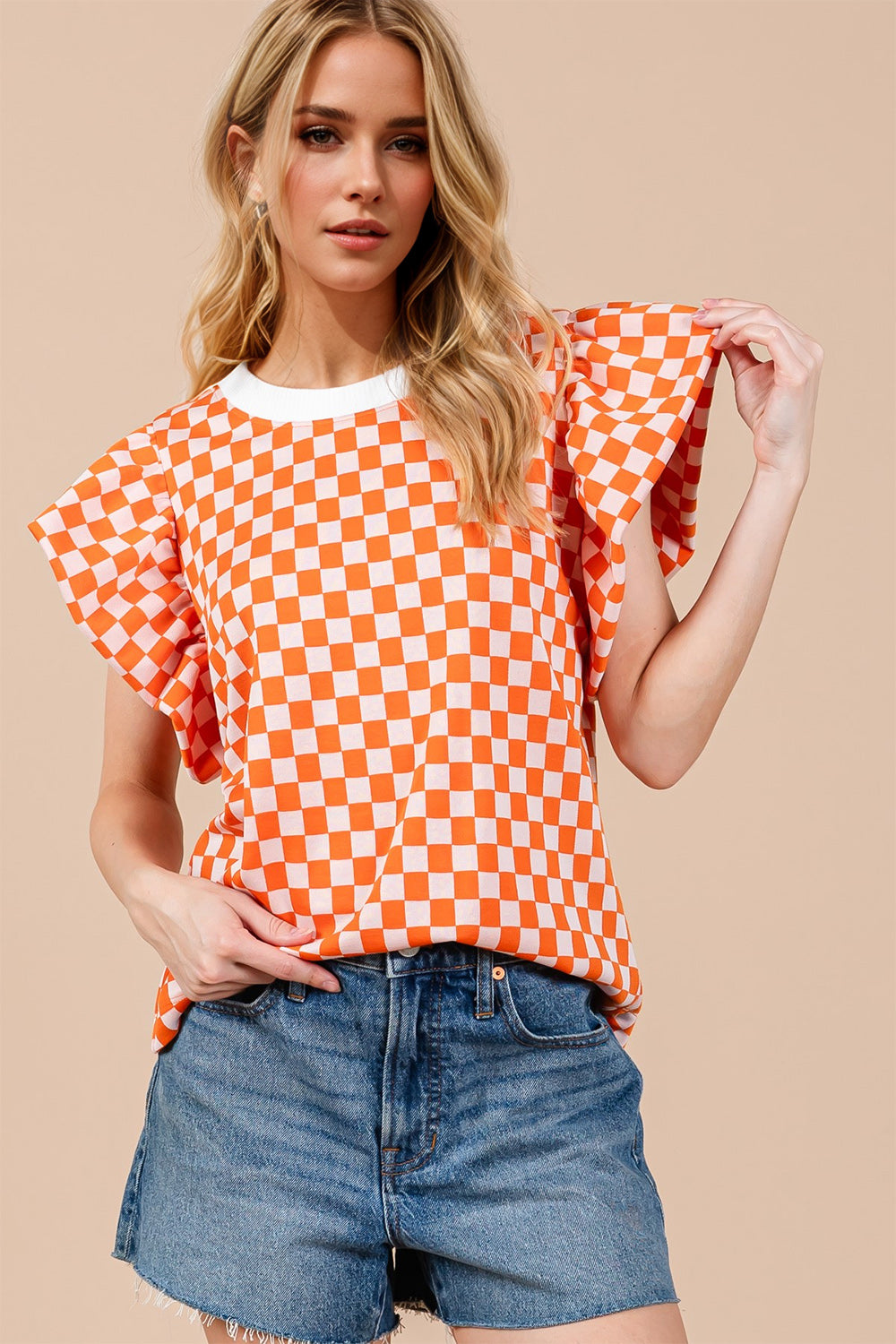 OH Checkered Round Neck Puff Sleeve Blouse