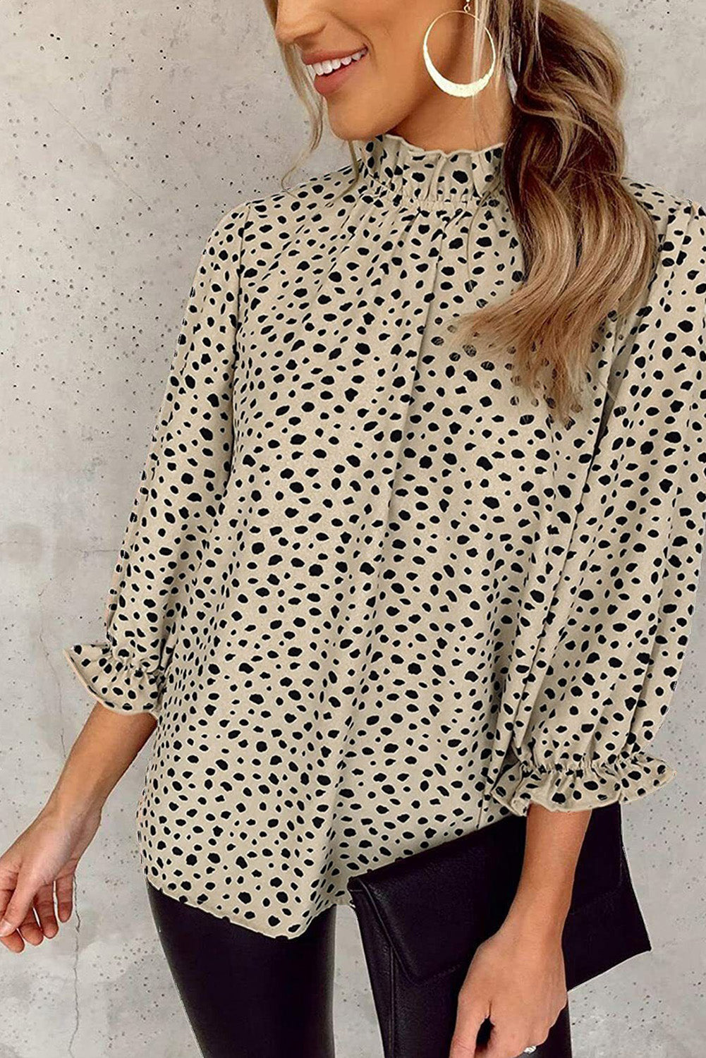 Khaki Leopard 3/4 Ruffle Sleeve Frill Neck Blouse - Babbazon Blouses