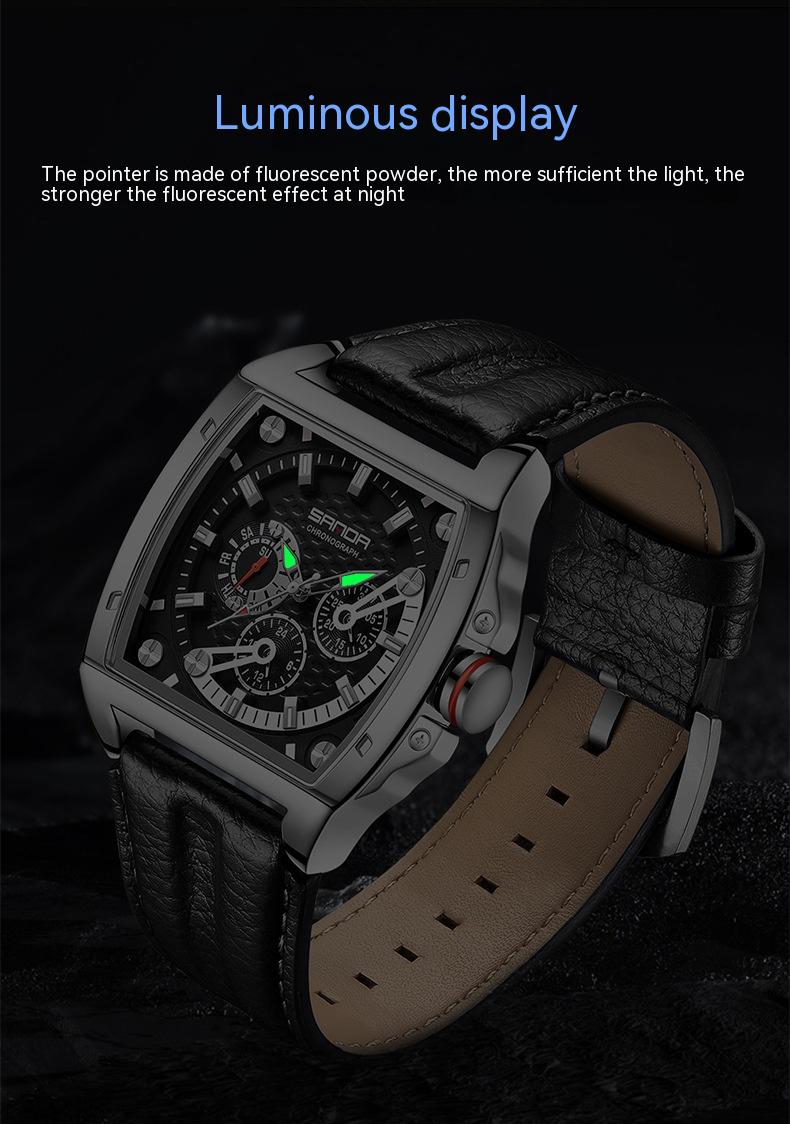 Three Eyes And Six Needles Men's Quartz Watch Square Belt Calendar Waterproof Watch