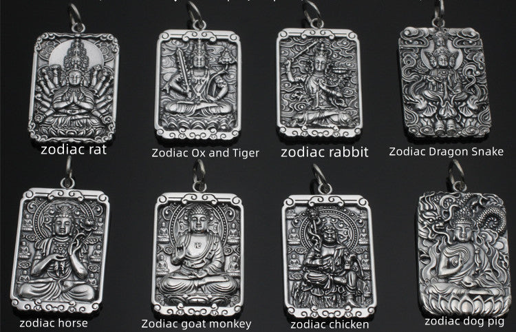 Retro Thai Silver Square Card Personality Pendant Natal Buddha